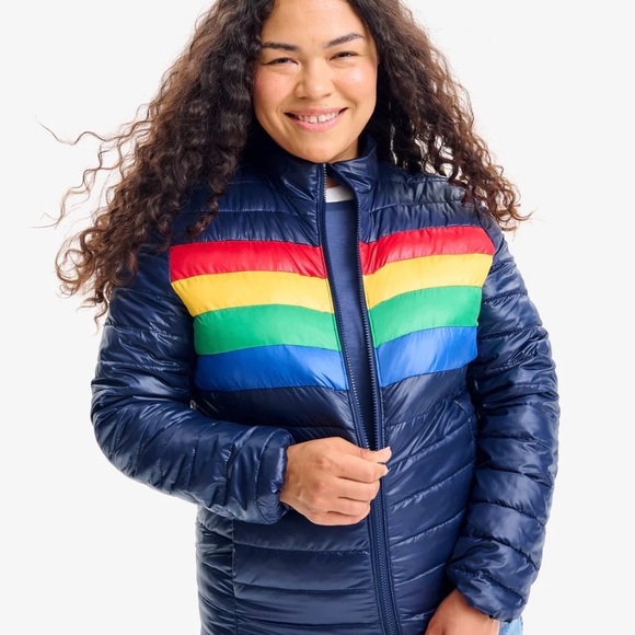 Primary Unisex Puffer Jacket - Navy with Rainbow Stripes - Picture 2 of 6